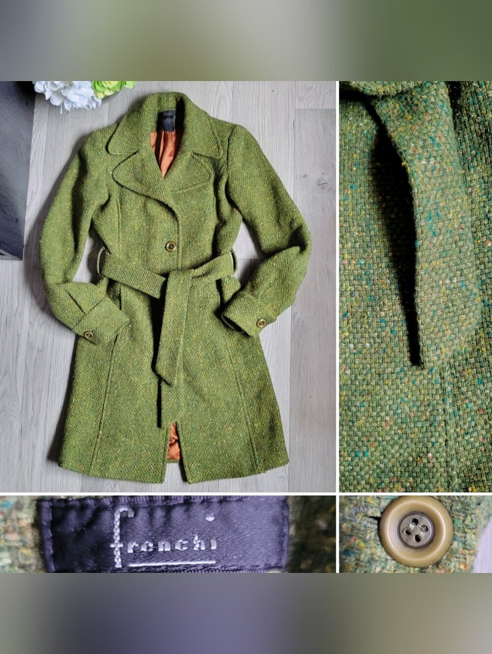 Frenchi Green Confetti Tweed Wool Blend Belted Wrap Trench Coat Vintage Women XS